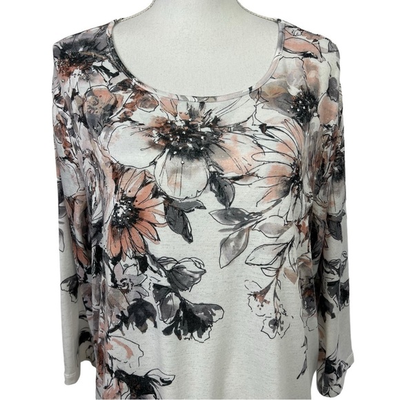 Alfred Dunner Women’s Pullover Top Sz 1X Multi Color Floral  3/4 Sleeves Bling - Picture 2 of 11